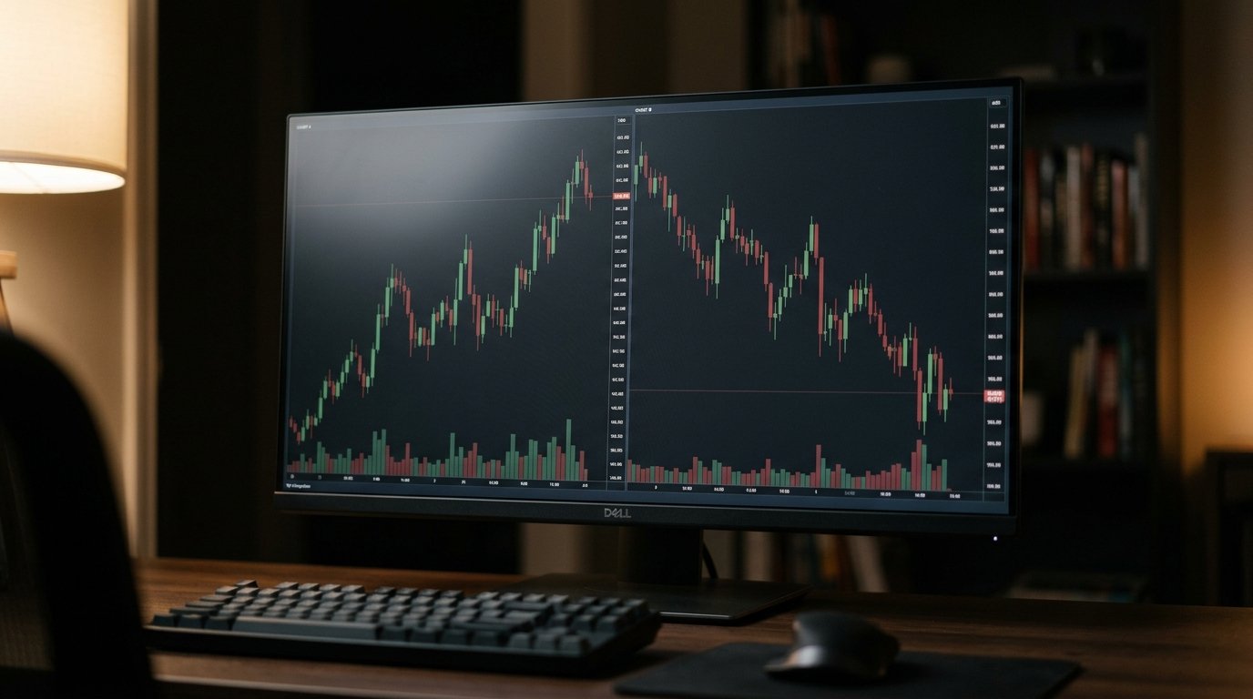 Training data versus untouched test data Two candlestick charts side by side on a monitor separated by a thin divider line, representing forex forecast backtest overfitting between training and test data