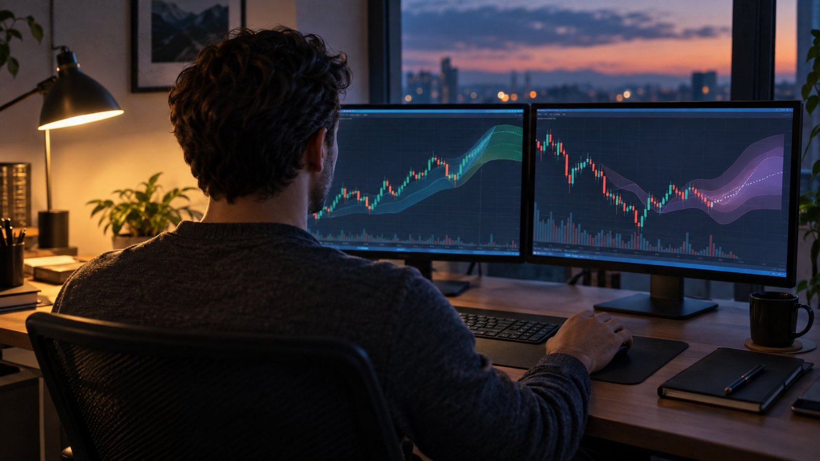 Watching the majors into Fed week Over-the-shoulder view of a forex trader's desk with candlestick charts and forecast bands on dual monitors