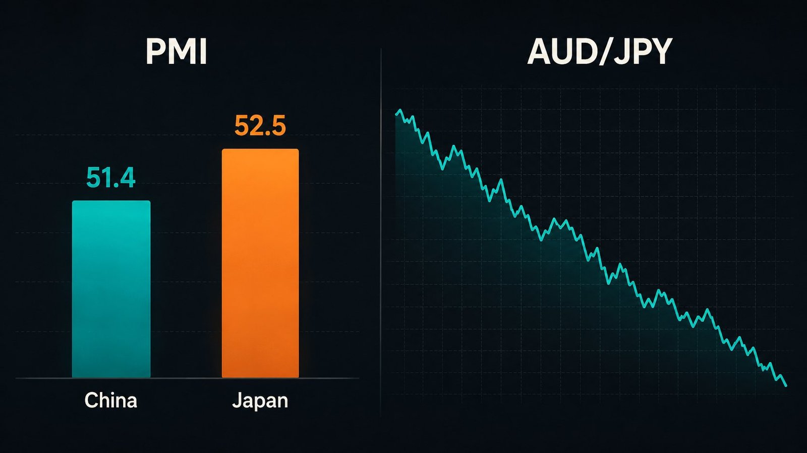Forex news chart comparing China and Japan Services PMI readings against AUD/JPY price action