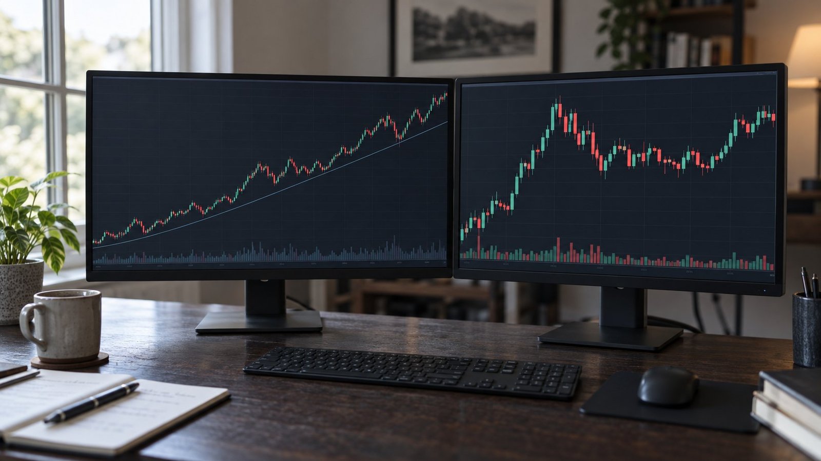 Higher timeframe bias, lower timeframe entry Trader comparing a higher timeframe daily forex chart against a lower timeframe entry chart for multi-timeframe analysis forex