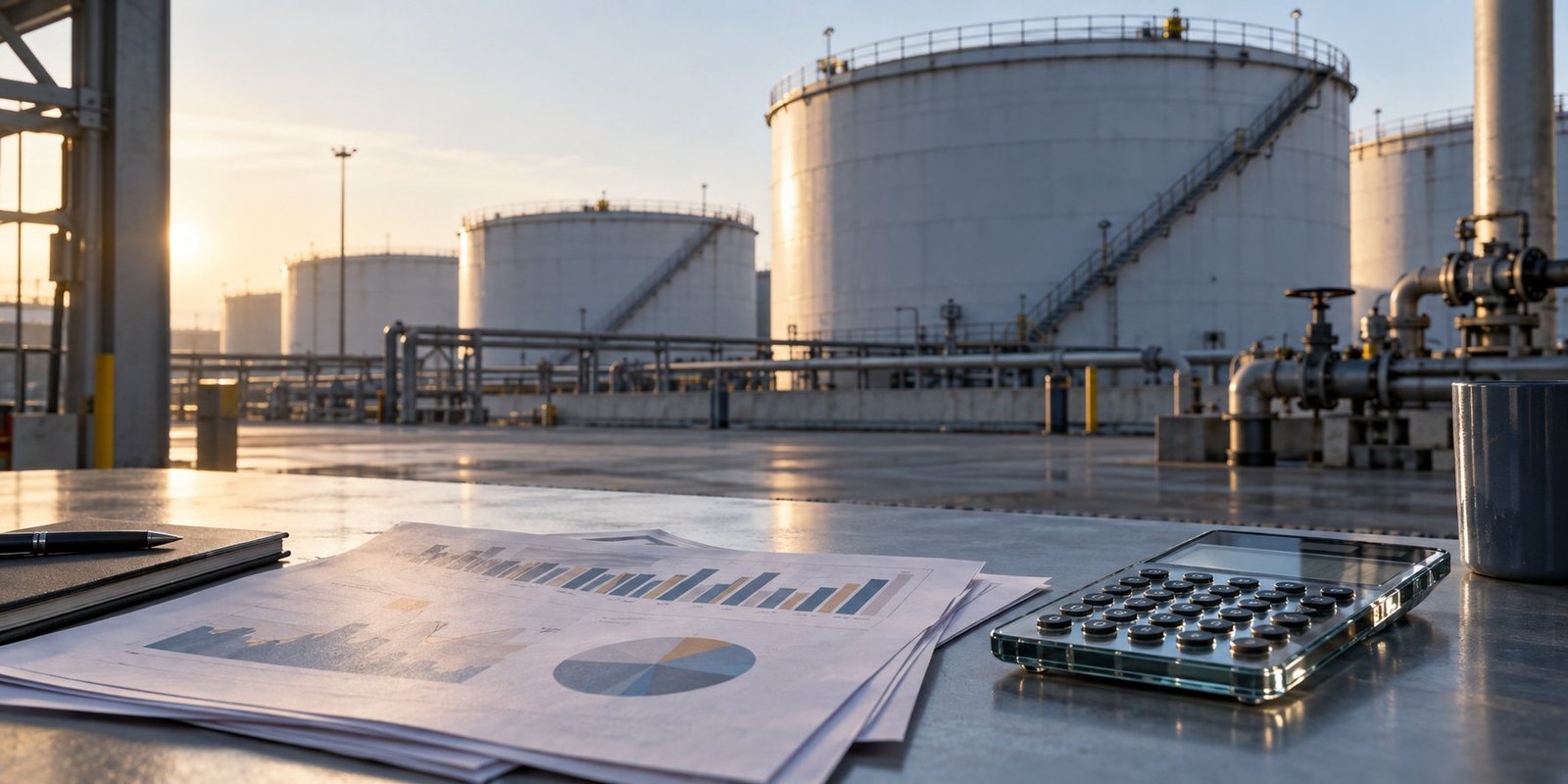 Oil price projections analyzed beside inventory charts and crude storage tanks