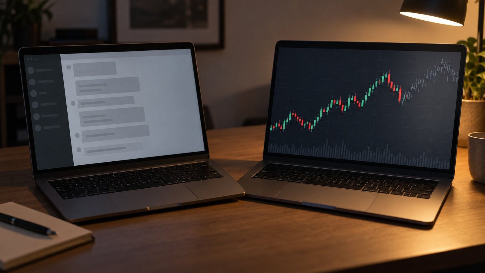 Describe versus project Side-by-side MT5 windows contrasting an AI assistant chat with an mt5 ai forex prediction of forward candles