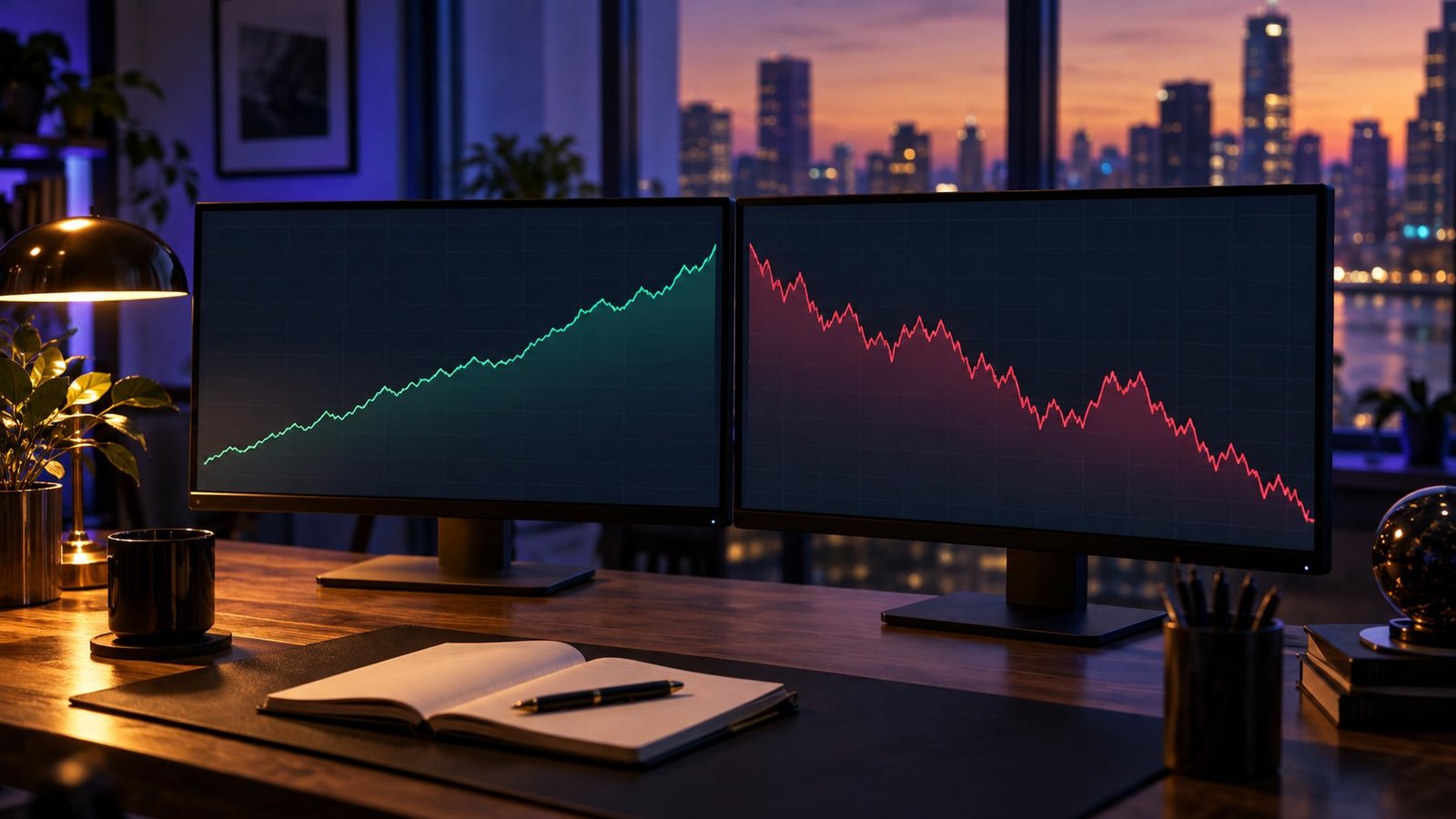 Smooth backtest equity curve beside a falling live equity curve on two trading monitors