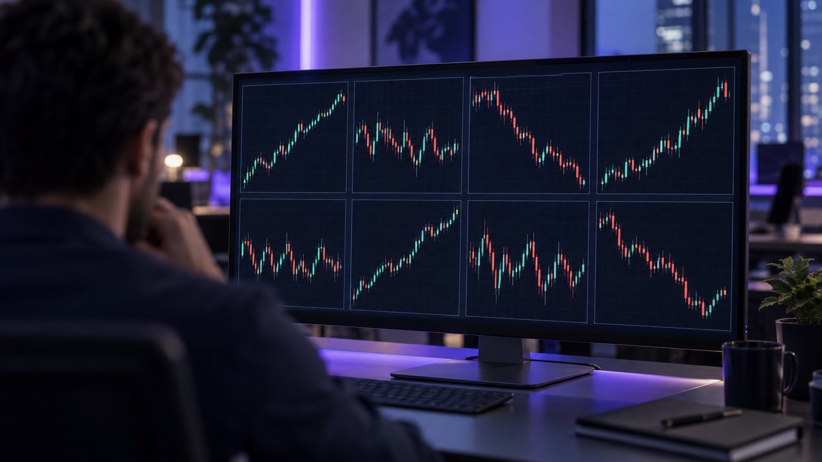 Eight scorecards, not one number Grid of eight currency pair charts, some with clean trends and some noisy