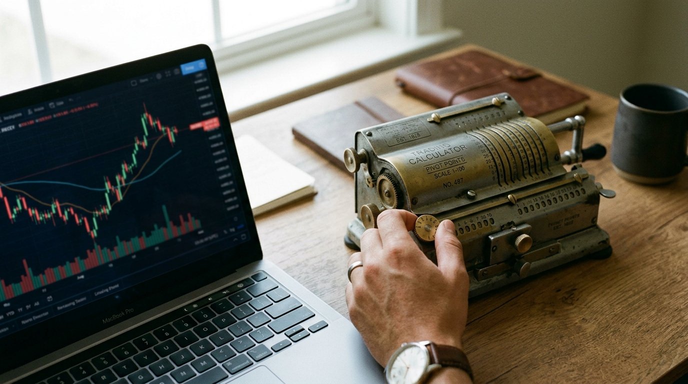 Adjusting lot size to the range Hand adjusting a lot-size dial while checking a forex forecast range on a laptop screen