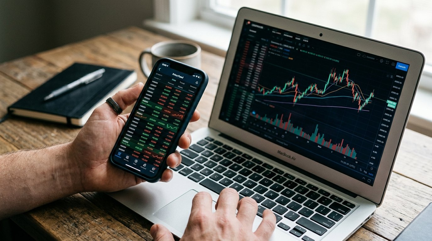 Checking a forecast against what actually happened Trader comparing a live forex price feed on a phone against a candlestick chart on a laptop to self-verify a forecast