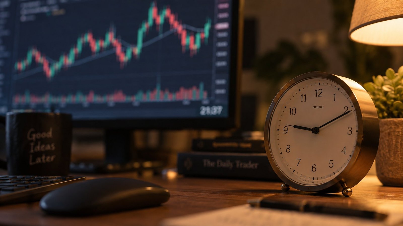 Checking whether a higher-timeframe bias is still fresh Close-up of a desk clock beside a monitor showing a timestamped forex price chart