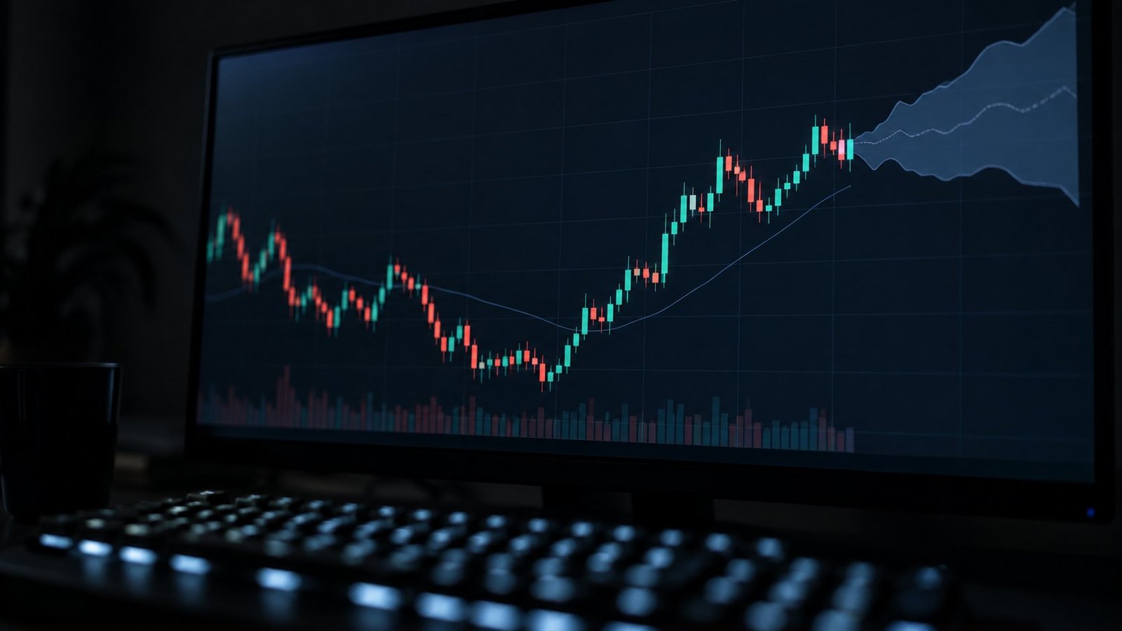 A forecast band mid-update Close-up of a monitor showing a forex candlestick chart with a shaded forecast band around price