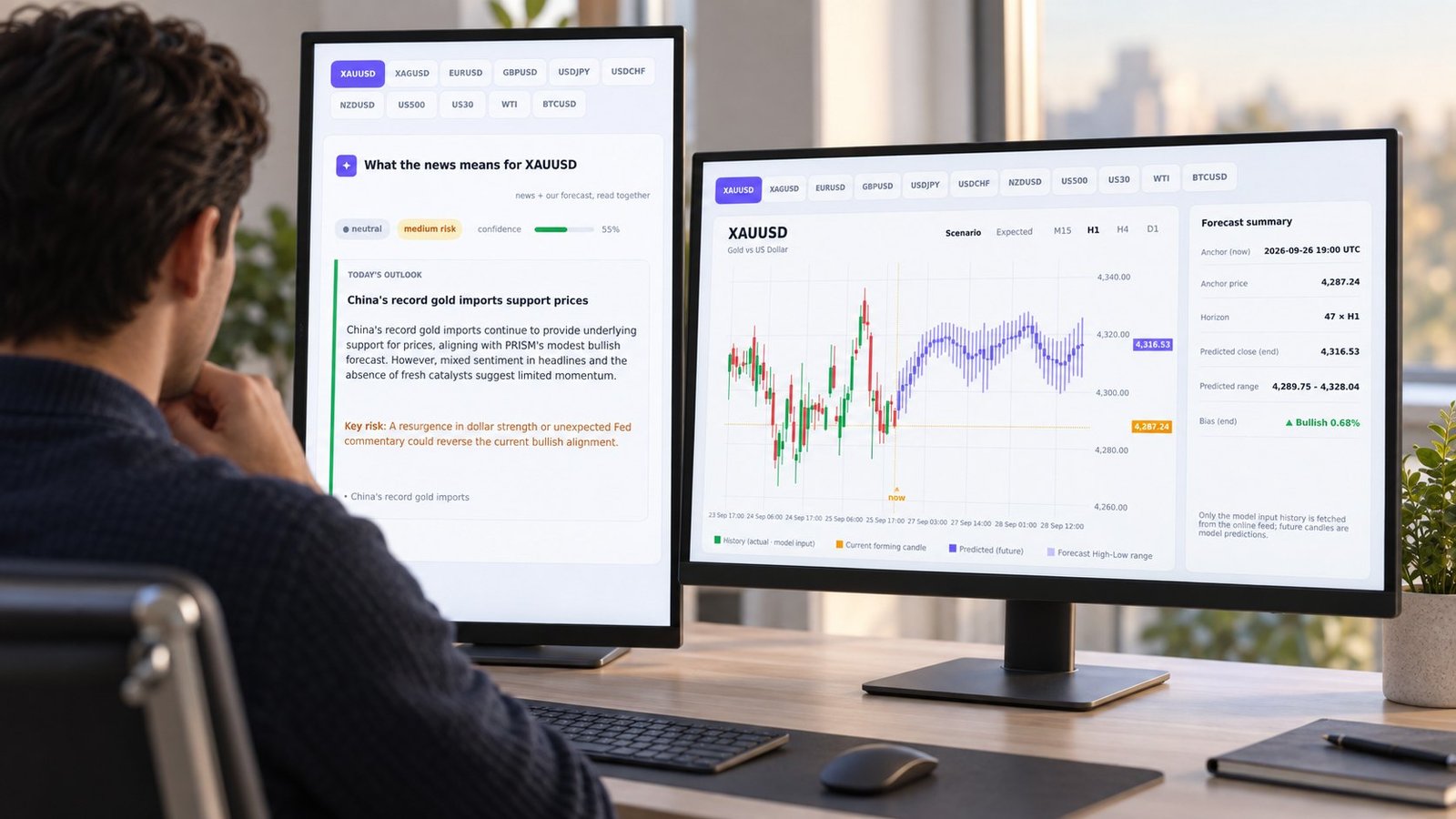PRISM news interpretation card beside a multi-timeframe gold forecast