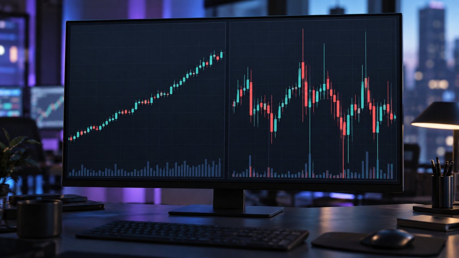 Two market regimes Calm trending candles beside erratic wide-ranging candles in a low-liquidity session