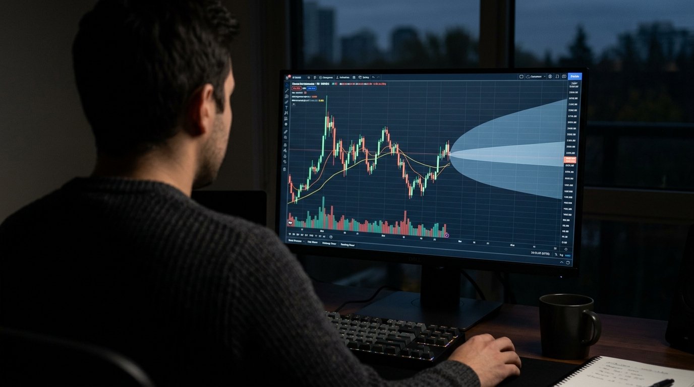 Trading monitor showing a candlestick chart with a widening forecast range band