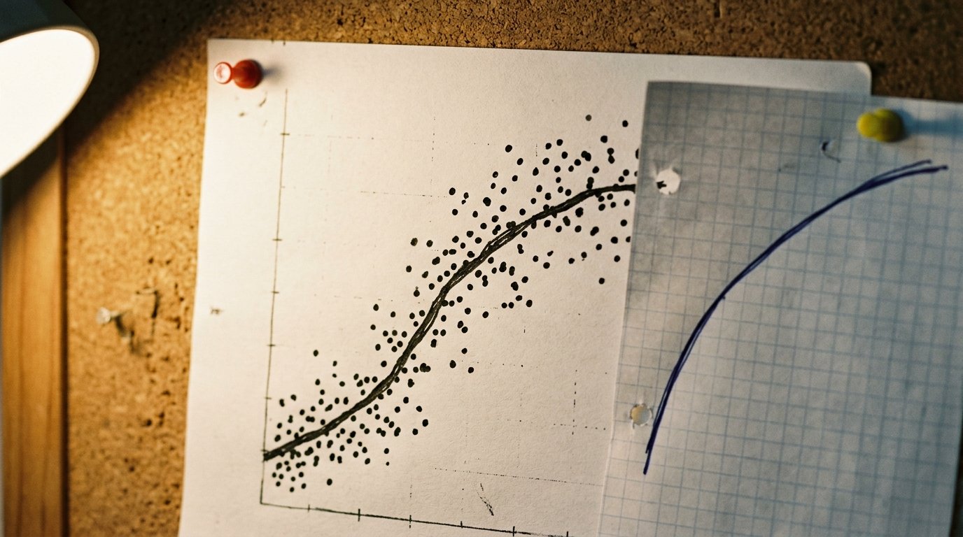 Curved line fit tightly through scattered data points next to a smoother trend line, illustrating forex forecast backtest overfitting