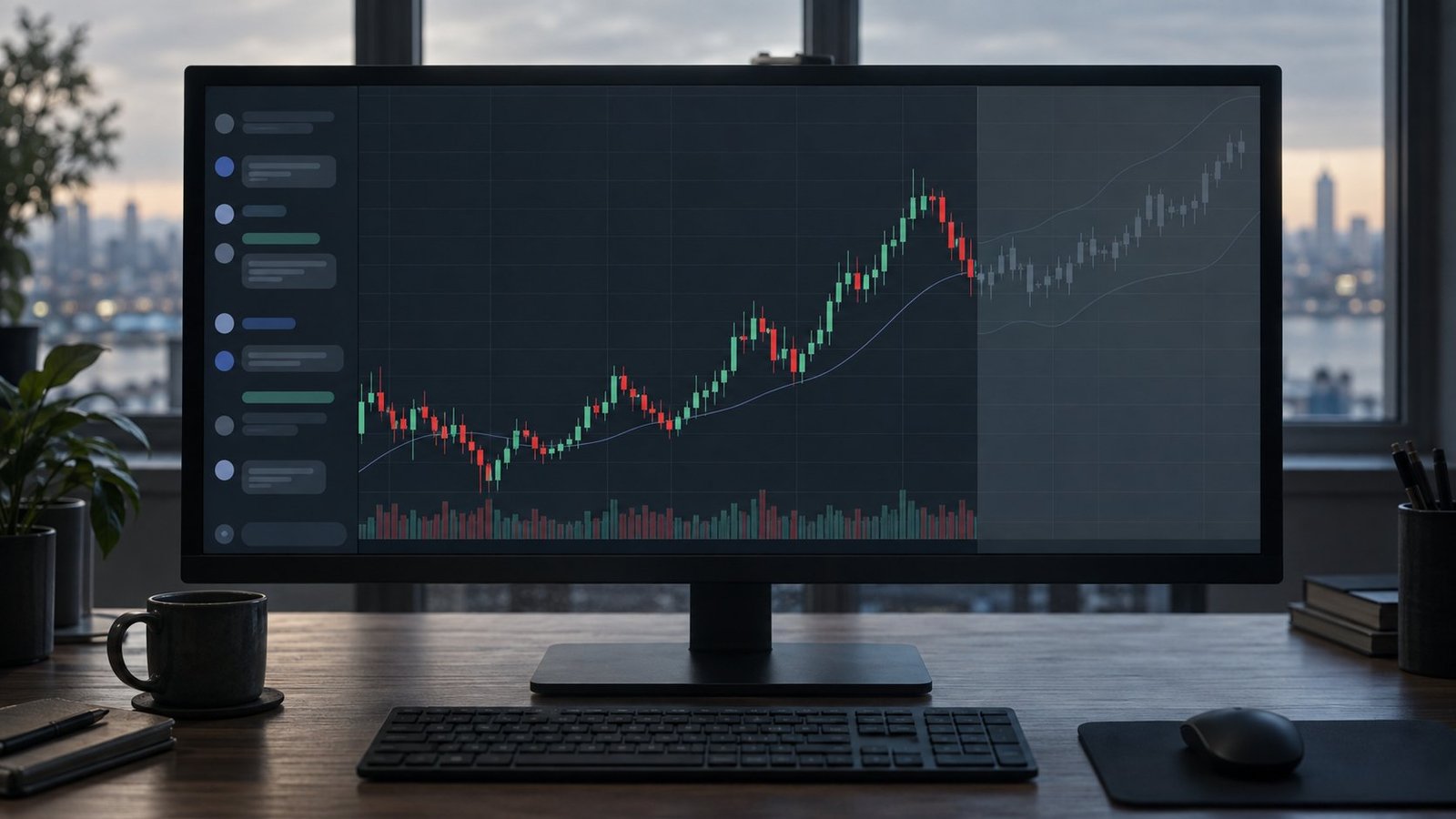 MT5 chart with an AI assistant panel on the left and projected forward candles on the right
