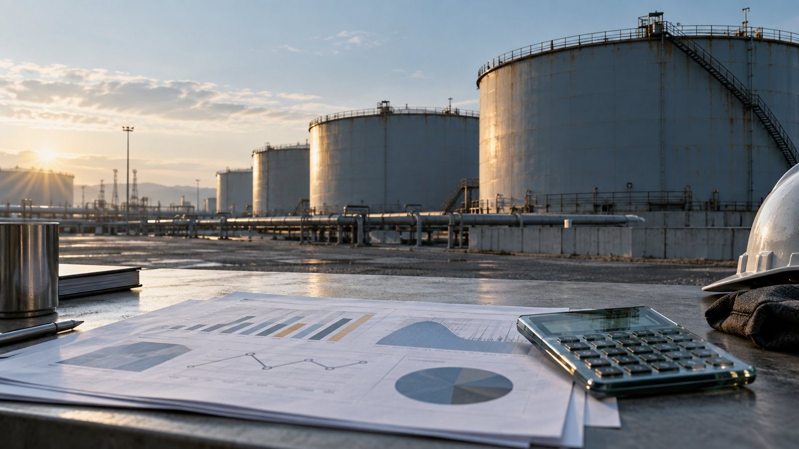 Oil price projections analyzed beside inventory charts and crude storage tanks