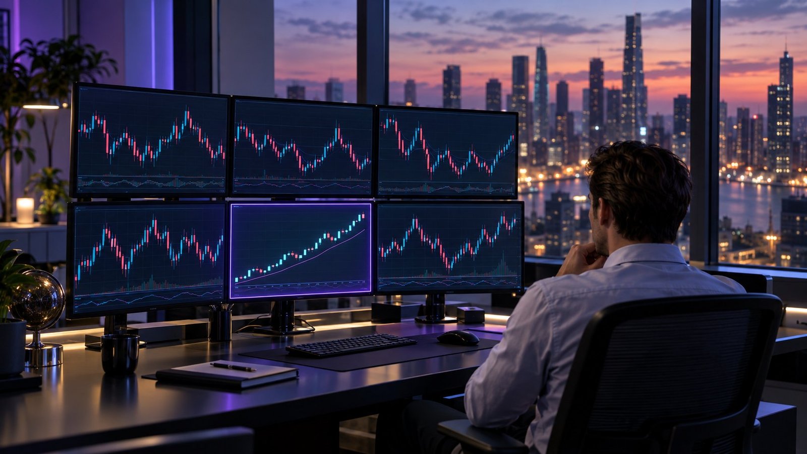 Trading desk with several currency pair charts, one noticeably smoother than the rest