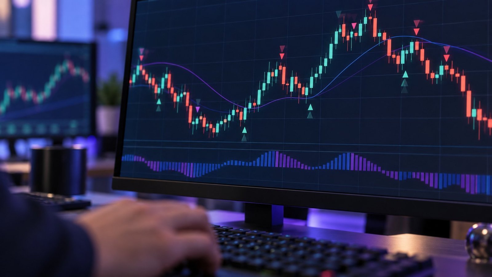 Trading monitor showing a candlestick chart with ghosted earlier signals redrawn over the final candles