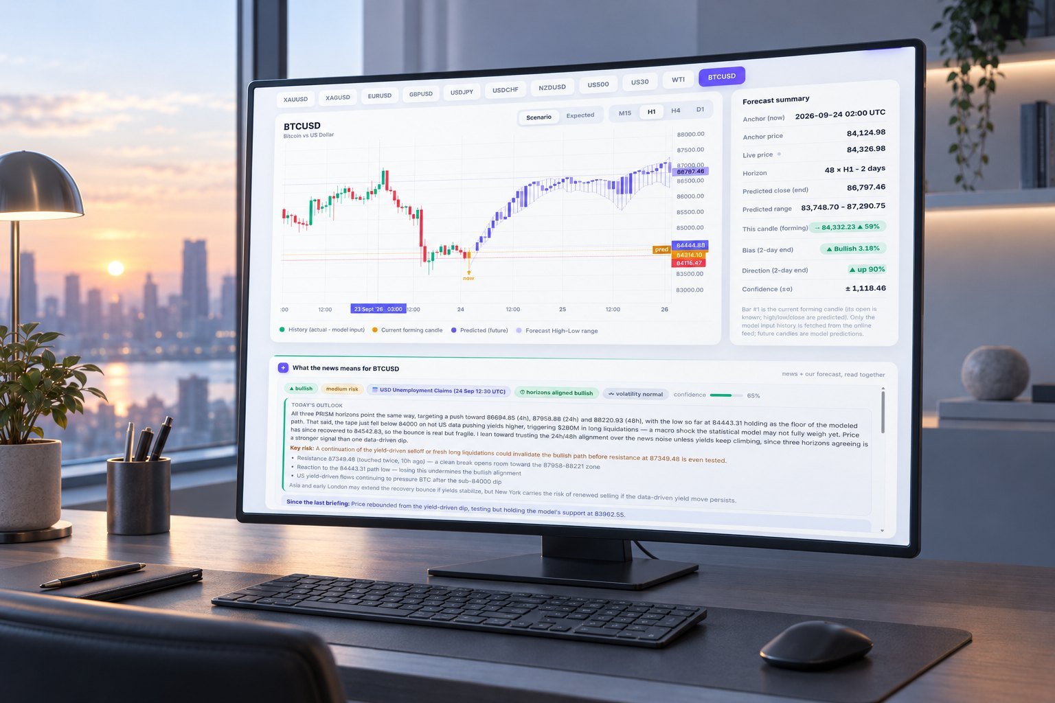 PRISM Forecasting dashboard showing bitcoin weekend volatility