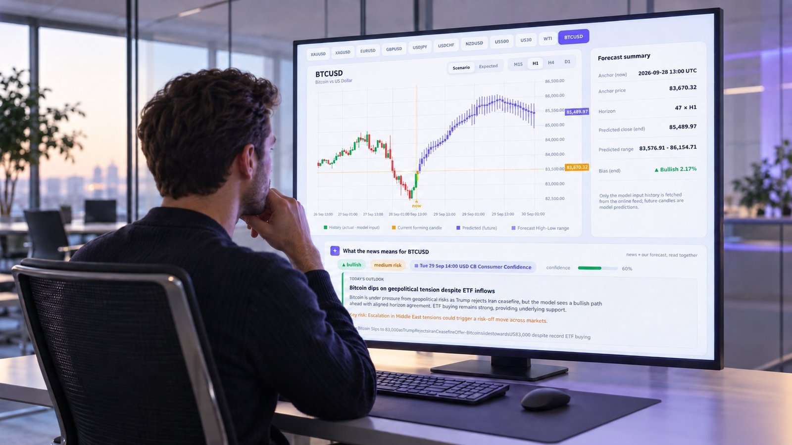 Bitcoin liquidity forecast dashboard with forecast bands and news panel
