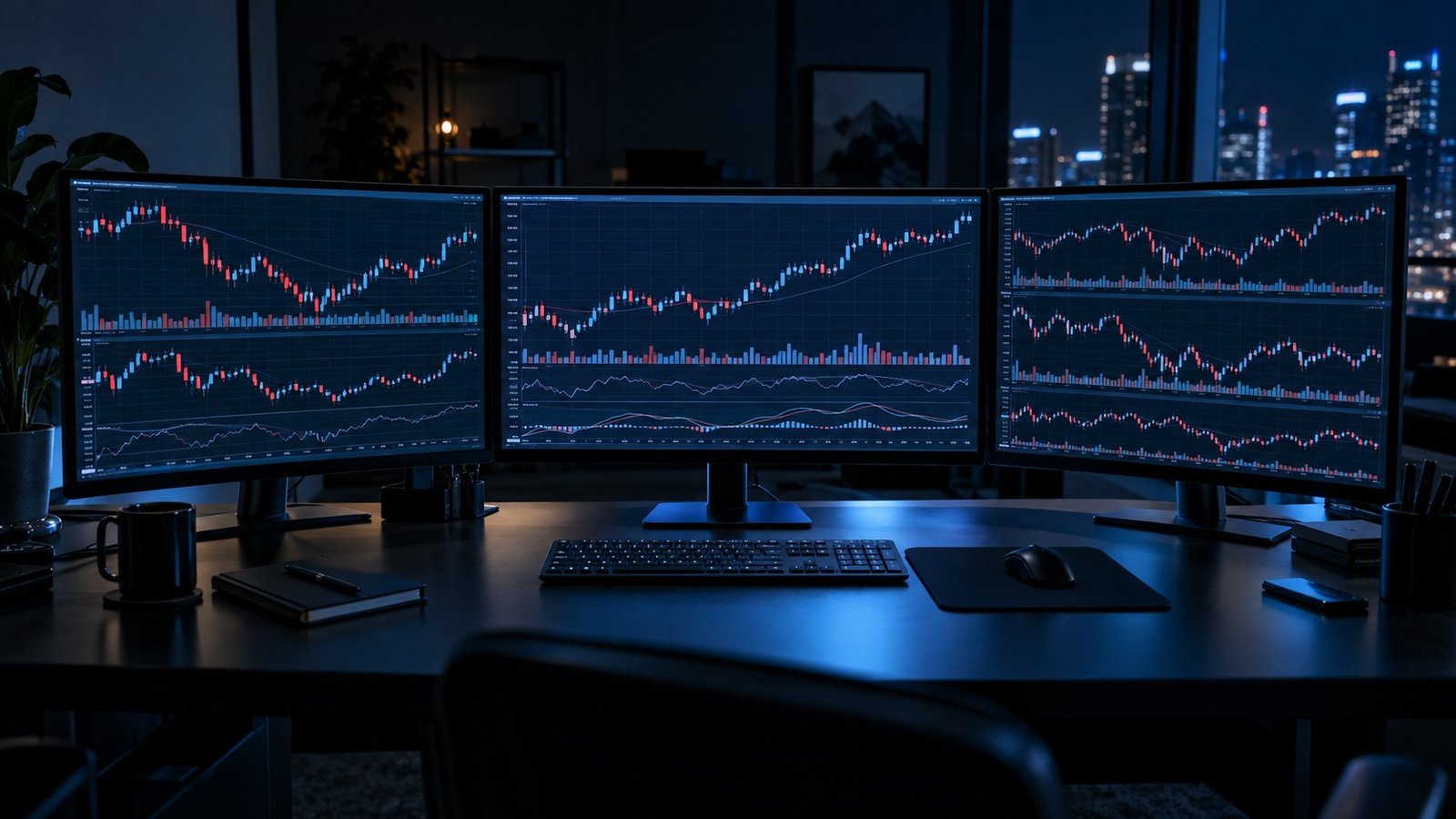 Trading desk with three monitors showing daily, hourly, and 15-minute forex charts stacked for multi-timeframe analysis