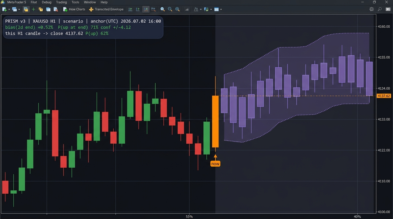 PRISM predicted candles drawn on a MetaTrader 5 chart